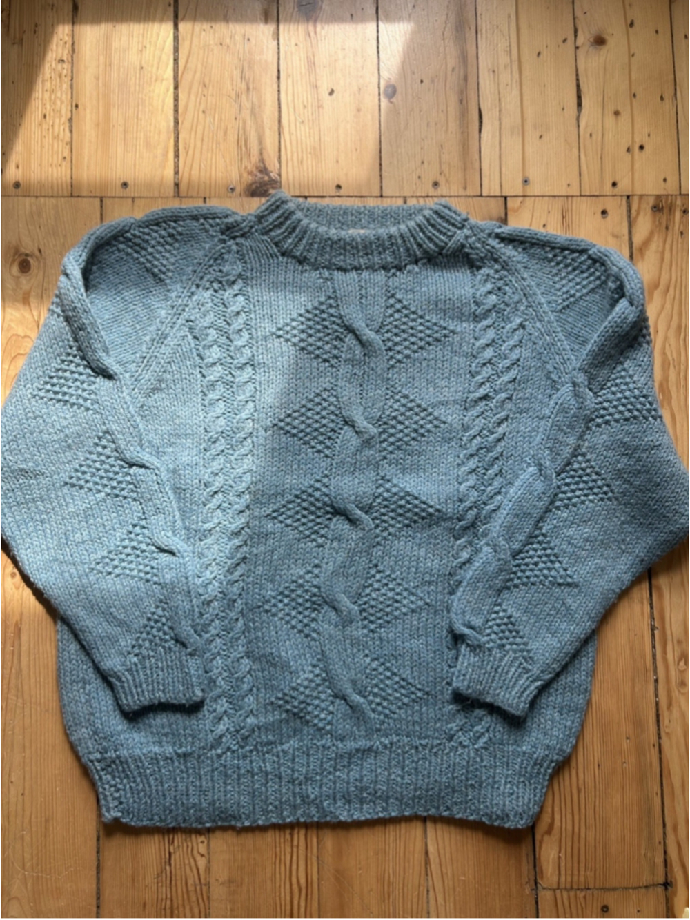 Vintage Hand Knit Fisherman Sweater Blue Aran Cable Knit Pullover
